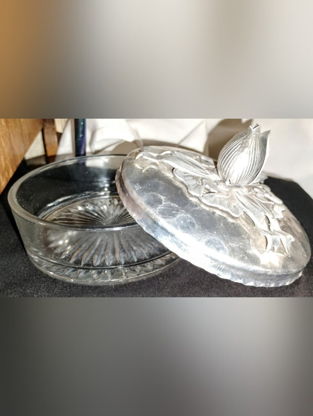 Vintage Rodney Kent Hammered Aluminum Tulip Lid Glass Candy Dish Vanity Jar